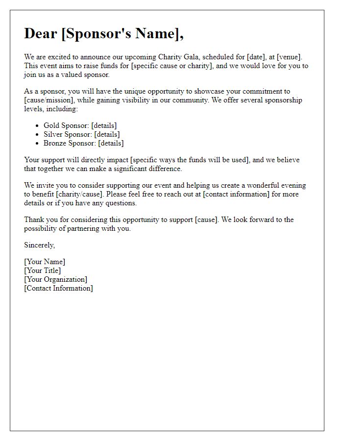 Letter template of charity gala sponsorship opportunity letter