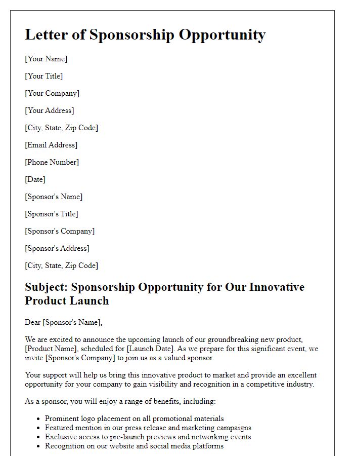 Letter template of Sponsorship Opportunity for Novel Product Launch