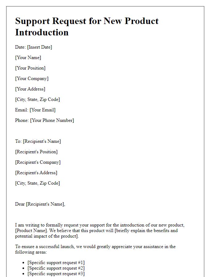 Letter template of Support Request for New Product Introduction