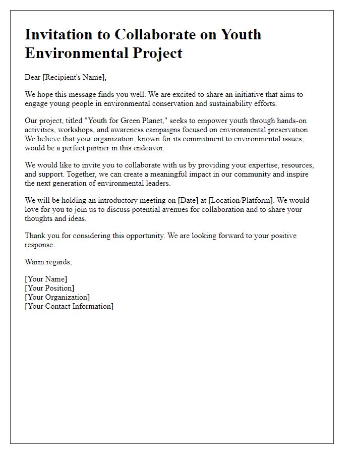 Letter template of collaboration invitation for youth environmental project