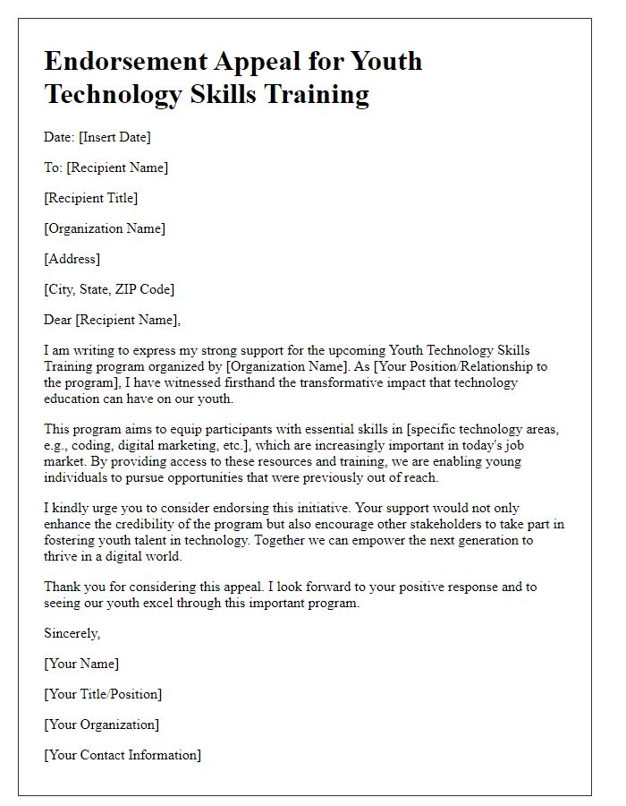 Letter template of endorsement appeal for youth technology skills training