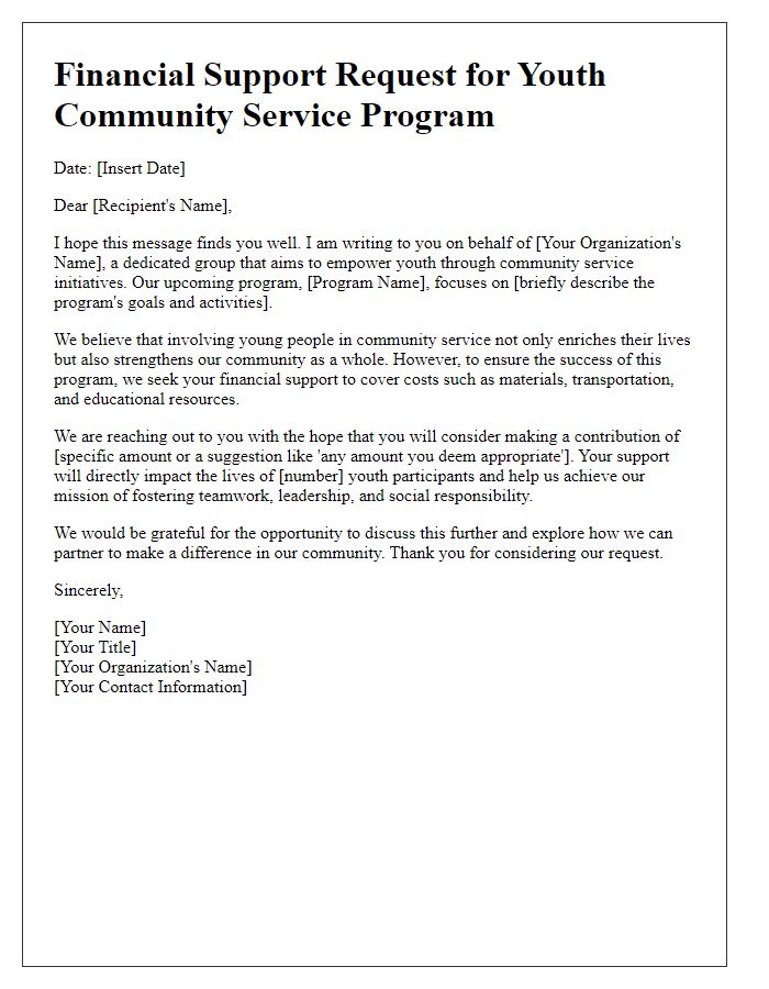 Letter template of financial plea for youth community service program