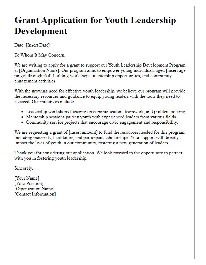 Letter template of grant application for youth leadership development