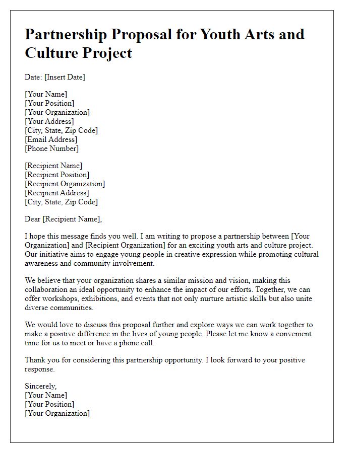 Letter template of partnership proposal for youth arts and culture project