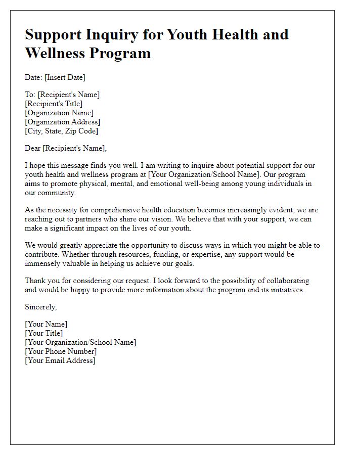 Letter template of support inquiry for youth health and wellness program