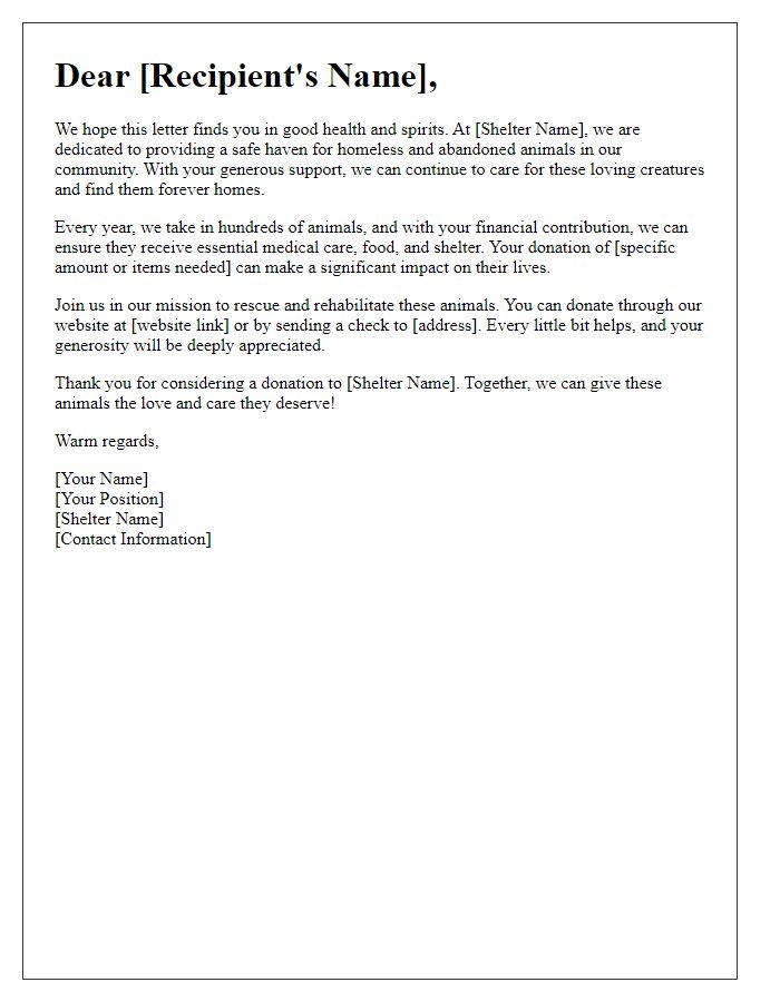 Letter template of animal shelter donations appeal