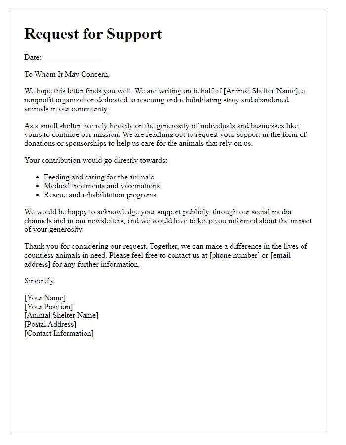 Letter template of animal shelter support request