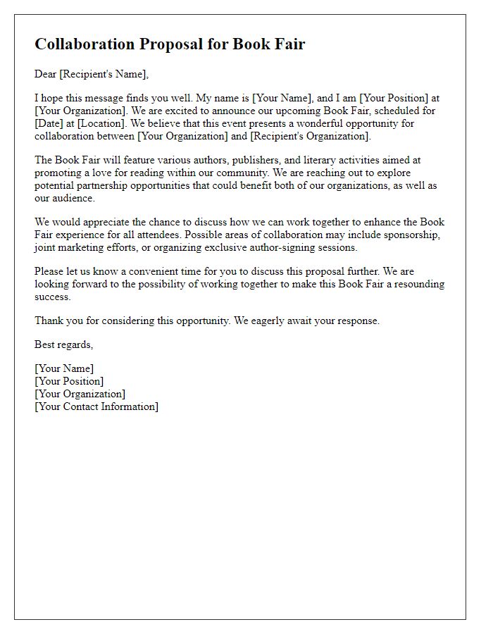 Letter template of collaboration proposal for a book fair.