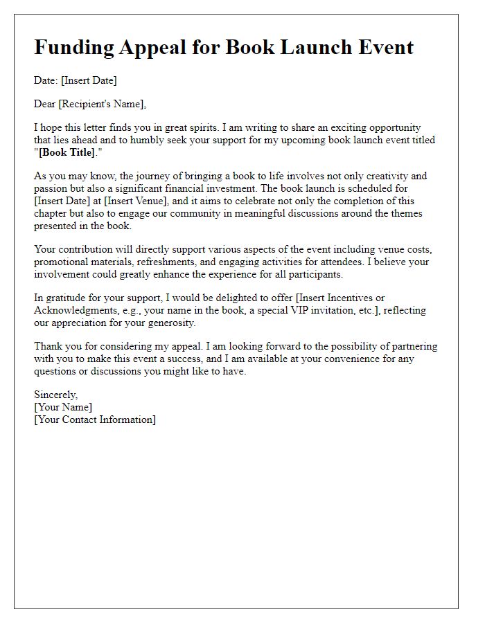 Letter template of funding appeal for a book launch event.