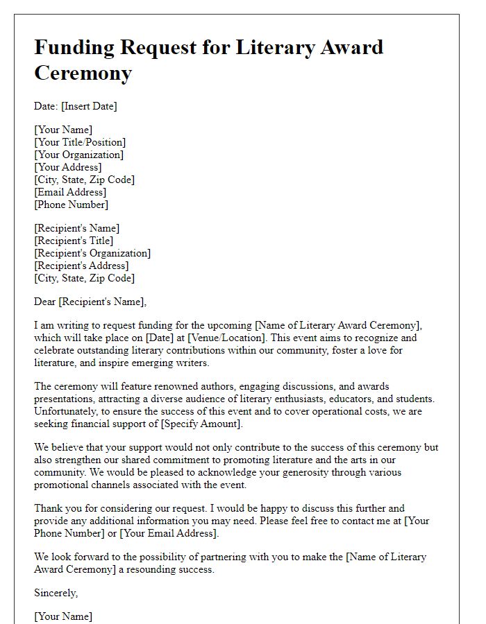 Letter template of funding request for a literary award ceremony.