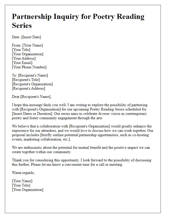 Letter template of partnership inquiry for a poetry reading series.