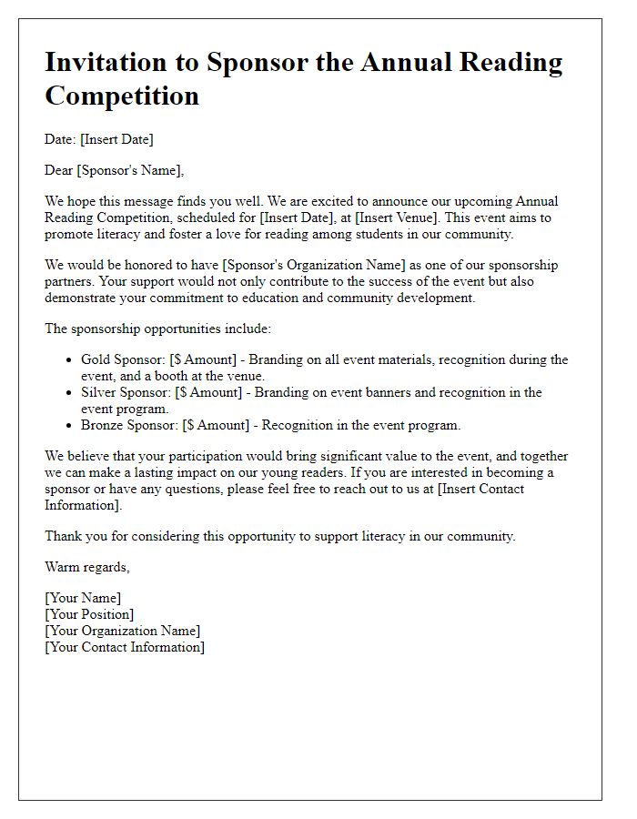 Letter template of sponsorship invitation for a reading competition.