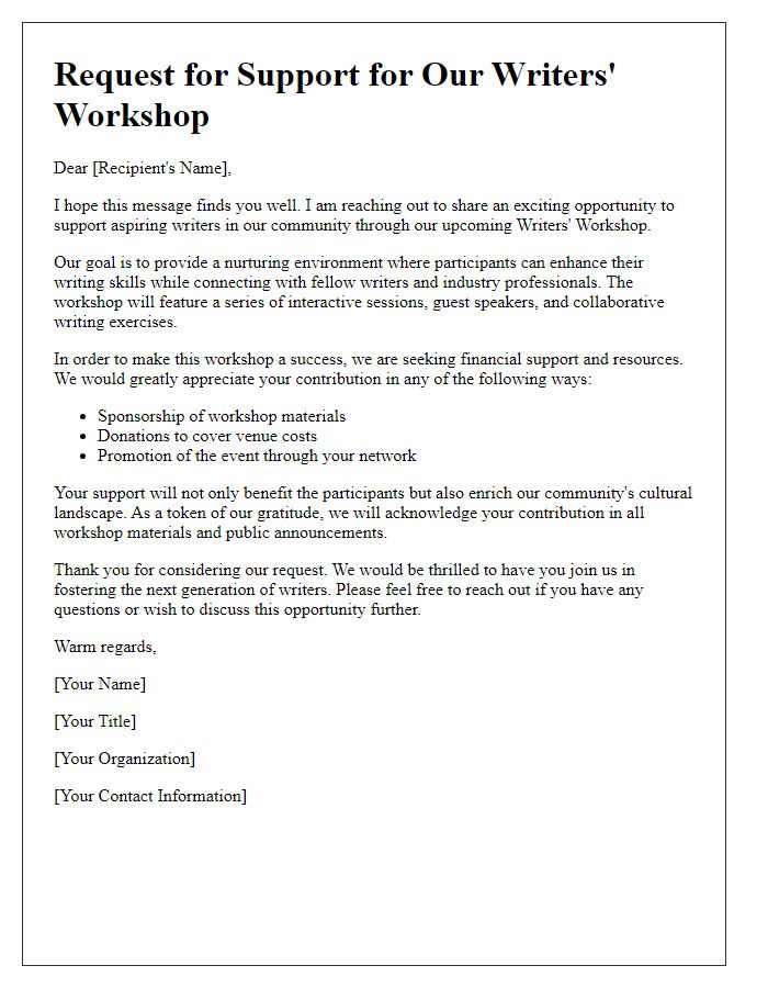 Letter template of support solicitation for a writers workshop.