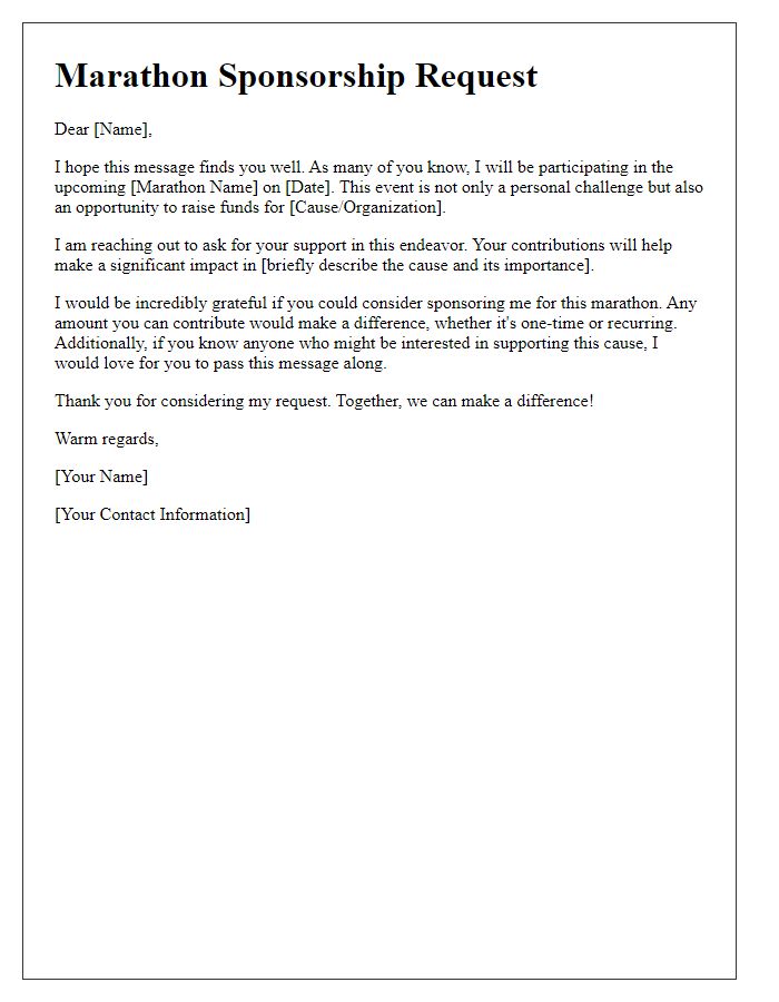 Letter template of marathon sponsorship ask for personal contacts and supporters