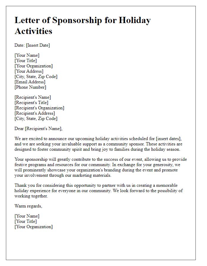 Letter template of Community Sponsorship for Holiday Activities