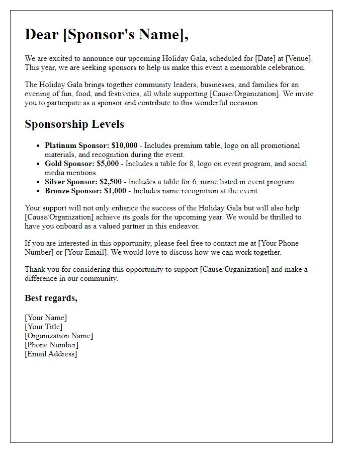 Letter template of Sponsorship Opportunities for Holiday Gala