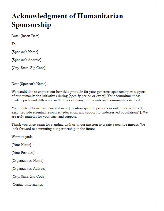 Letter template of acknowledgment for past humanitarian sponsorship