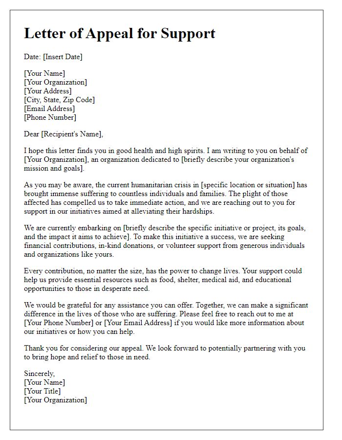 Letter template of appeal for support in humanitarian initiatives