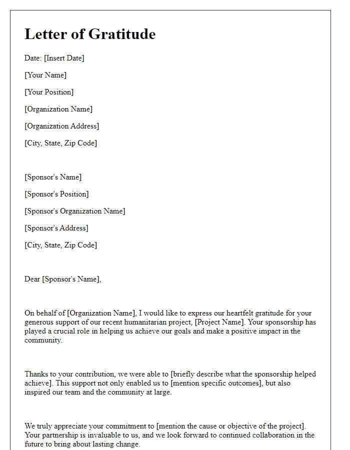 Letter template of gratitude for humanitarian project sponsorship support