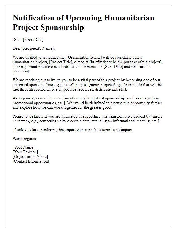 Letter template of notification for upcoming humanitarian project sponsorship