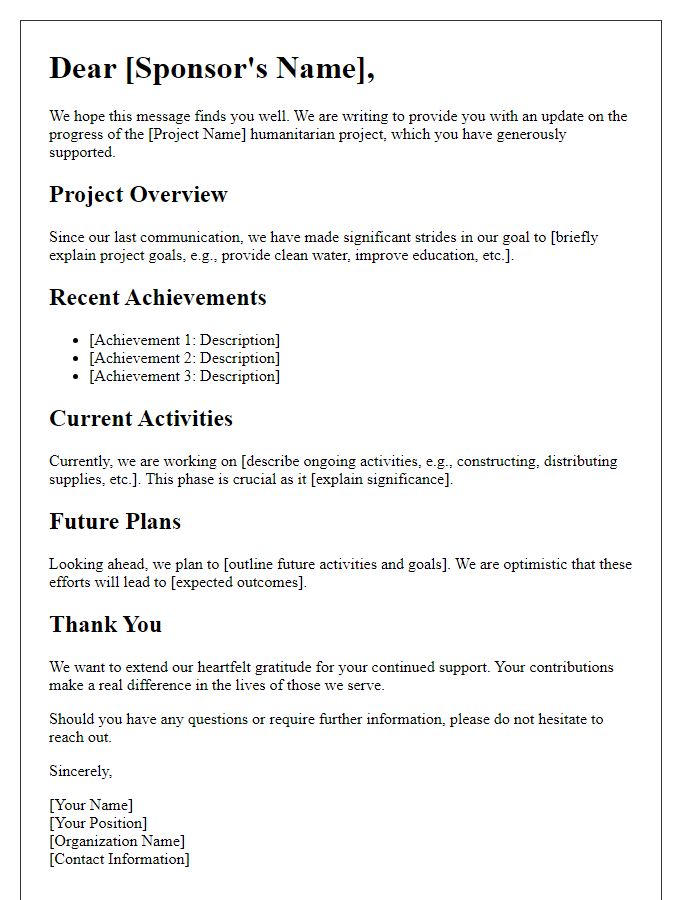 Letter template of update on humanitarian project progress for sponsors