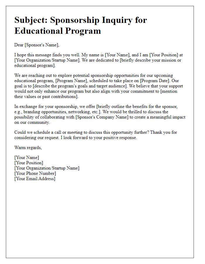 Letter template of startup sponsorship inquiry for educational programs.