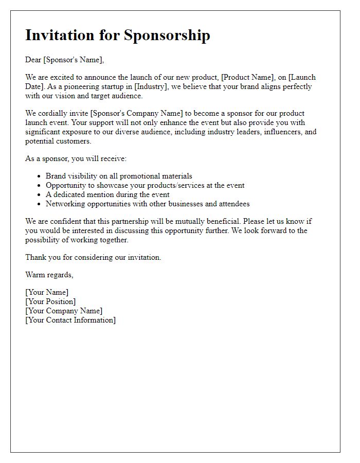 Letter template of startup sponsorship invitation for product launches.