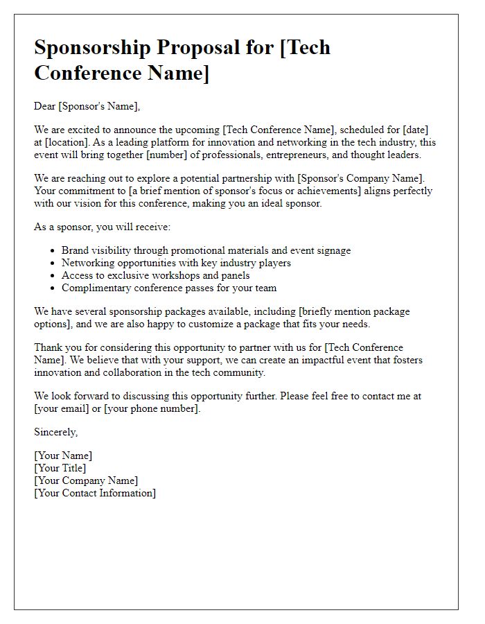 Letter template of startup sponsorship proposal for tech conferences.