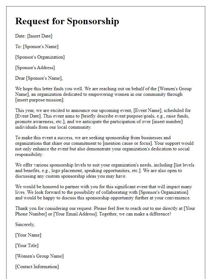 Letter template of womens group sponsorship appeal for event funding.