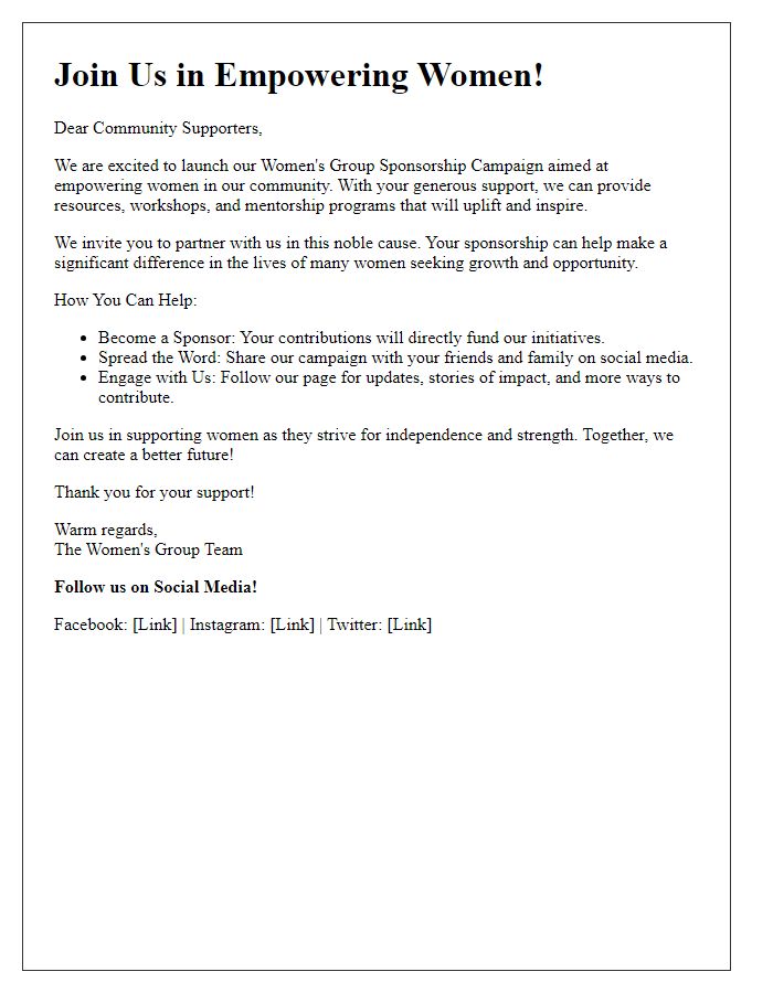 Letter template of womens group sponsorship campaign for social media promotion.