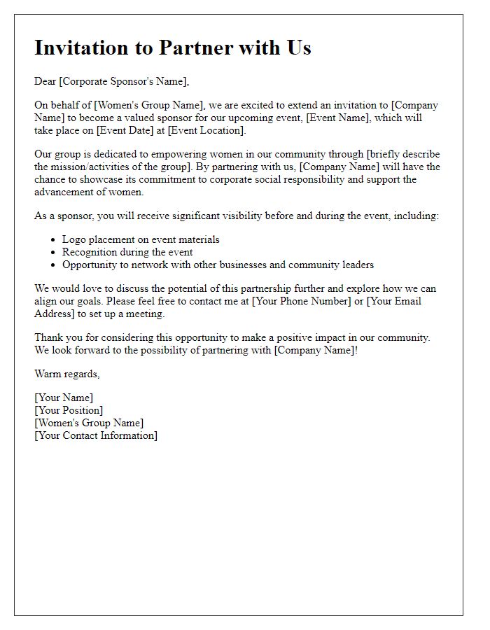 Letter template of womens group sponsorship invitation for corporate partnerships.