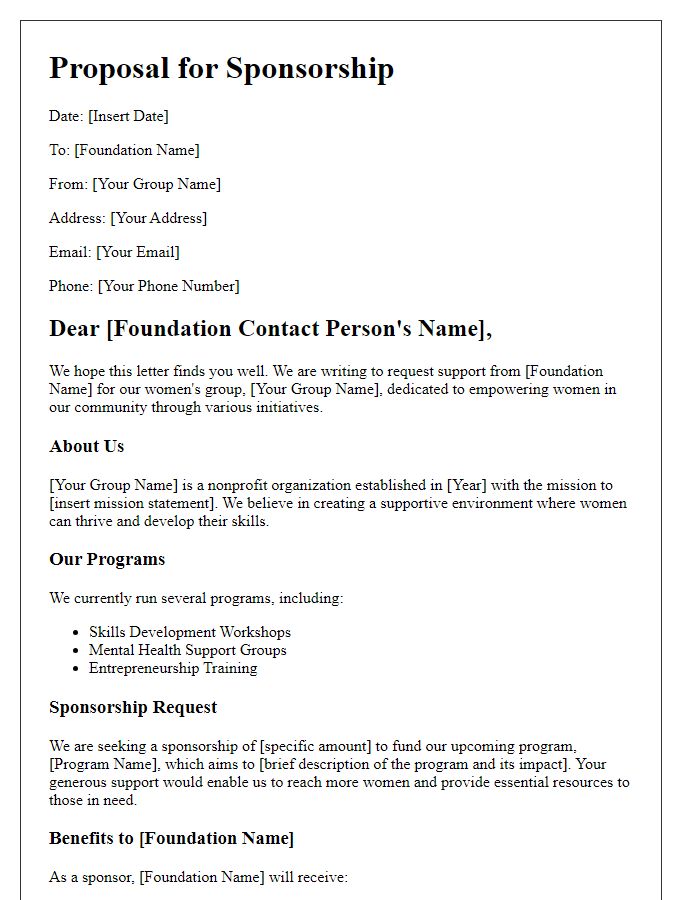 Letter template of womens group sponsorship proposal for charitable foundations.