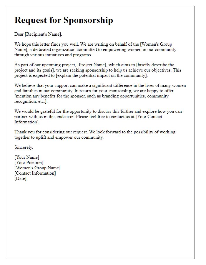 Letter template of womens group sponsorship request for community support.