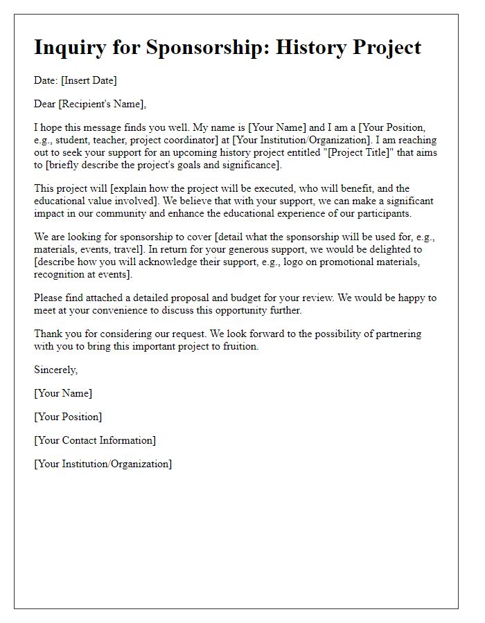 Letter template of history project sponsorship inquiry