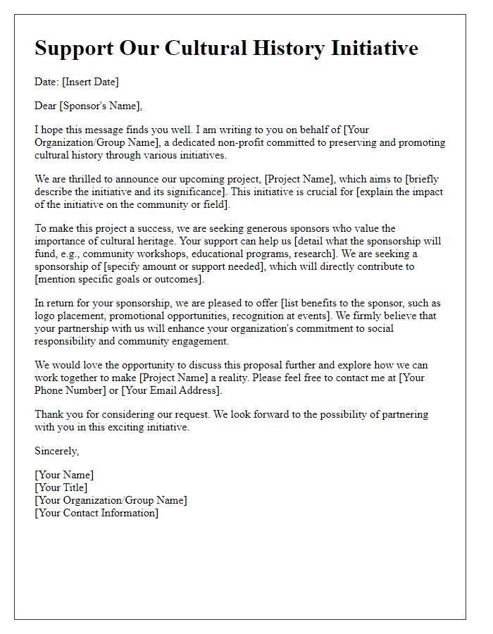 Letter template of sponsorship appeal for cultural history initiative