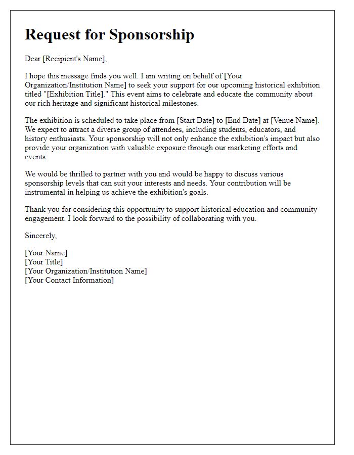 Letter template of support request for historical exhibition sponsorship