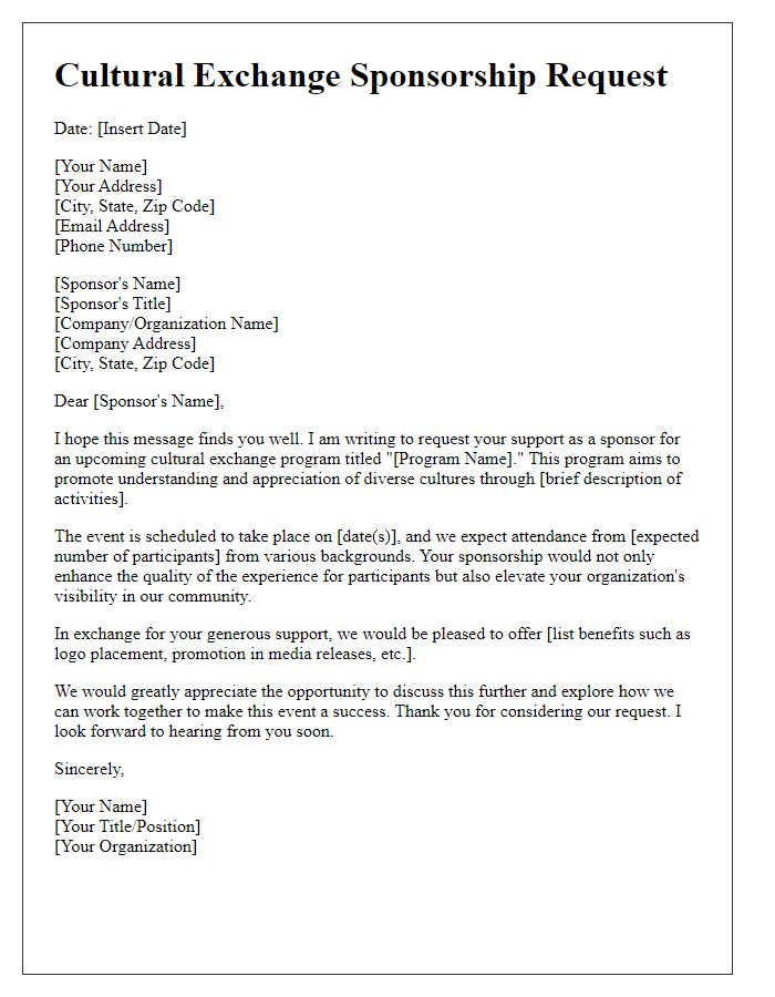 Letter template of cultural exchange sponsorship request.