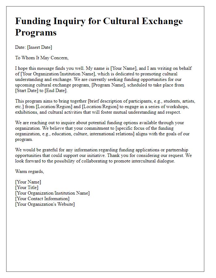 Letter template of funding inquiry for cultural exchange programs.