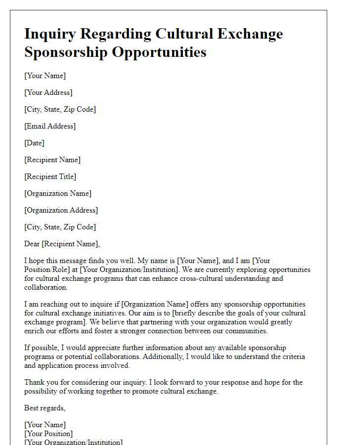 Letter template of inquiry regarding cultural exchange sponsorship opportunities.