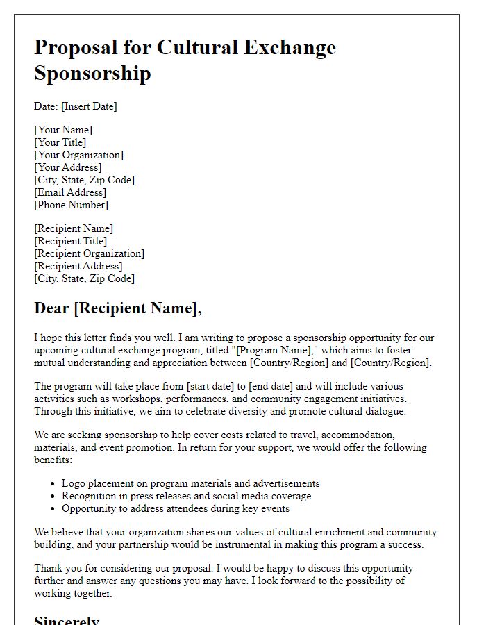 Letter template of proposal for cultural exchange sponsorship.