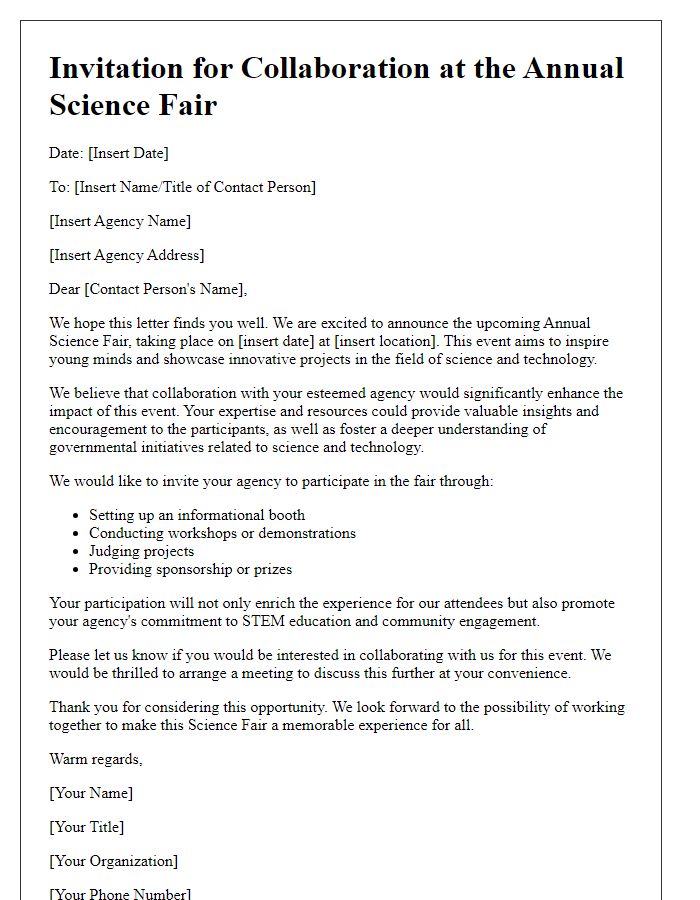 Letter template of science fair collaboration outreach for governmental agencies.