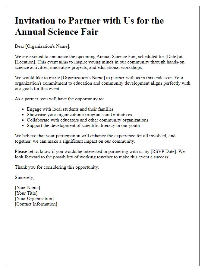 Letter template of science fair partnership invitation for community organizations.