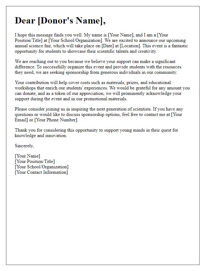 Letter template of science fair sponsorship appeal for individual donors.