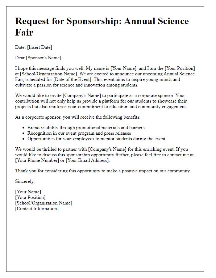 Letter template of science fair sponsorship introduction for corporate sponsors.