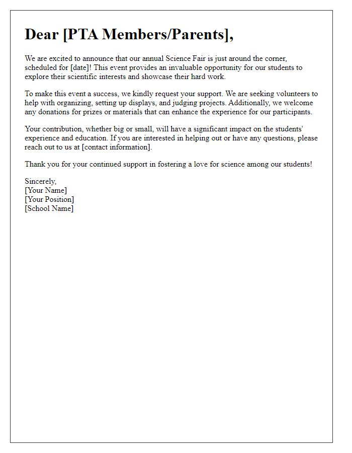 Letter template of science fair support solicitation for parent-teacher associations.