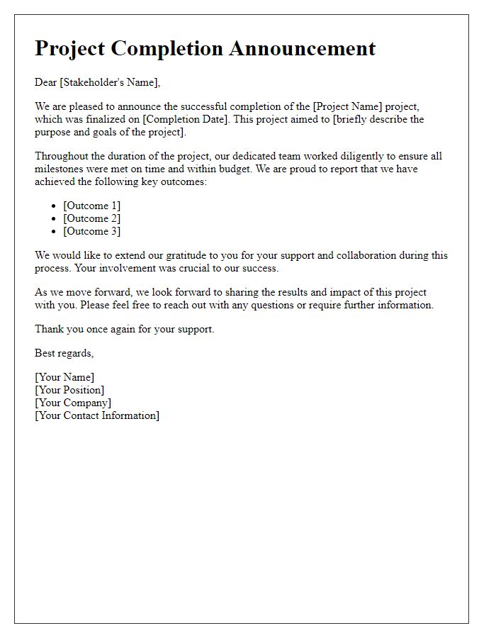 Letter template of project completion announcement for stakeholders.