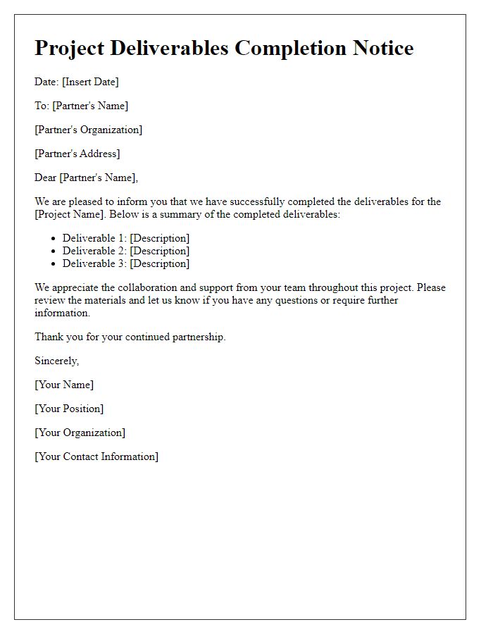 Letter template of project deliverables completion for partners.