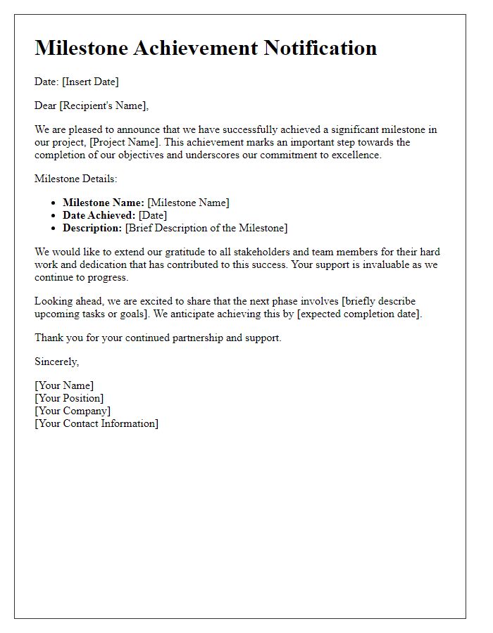 Letter template of project milestone achievement for external communication.