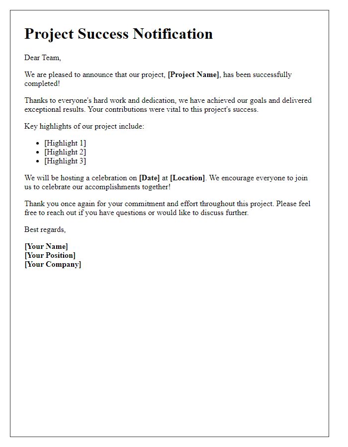 Letter template of project success notification for team members.