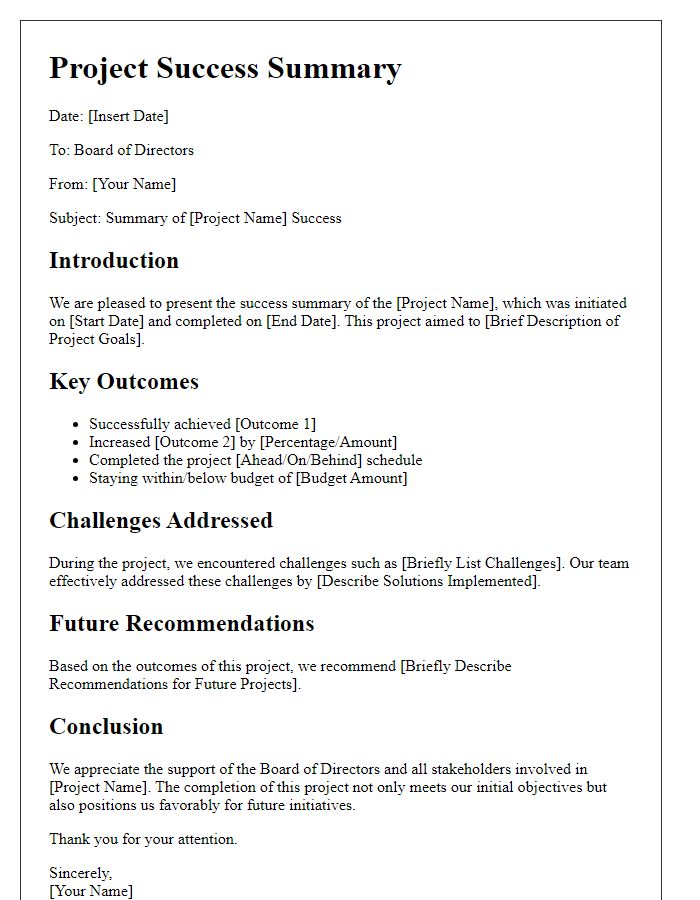 Letter template of project success summary for the board of directors.